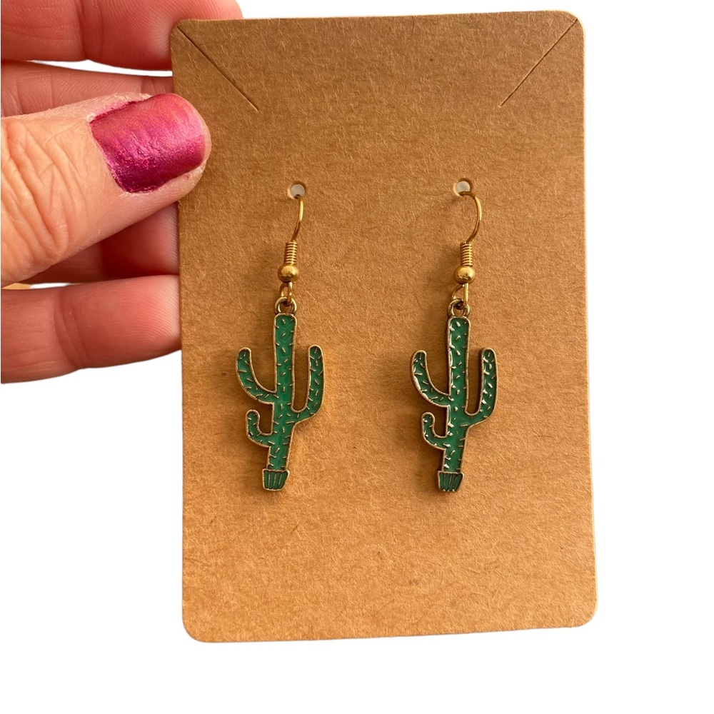 Green and Gold Tone Cactus Drop Earrings